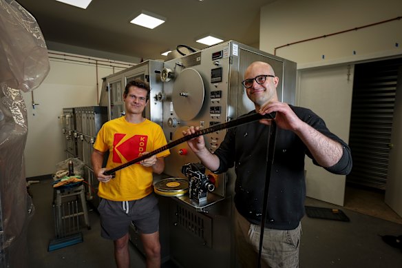 Jordan Dautovic, right, with colleague Lance Weeks, is about to bring film processing for movies back to Australia.