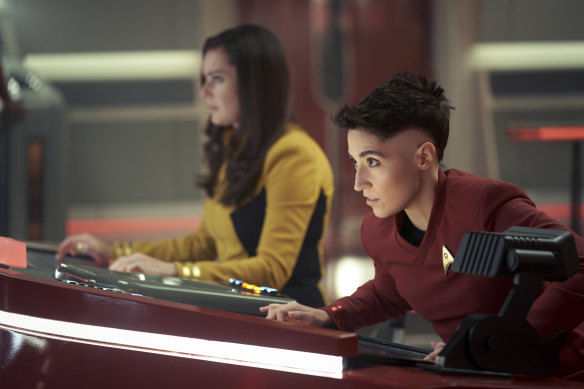 Rebecca Romijn as Number One and Melissa Navia as pilot Erica Ortegas in Star Trek: Strange New Worlds.