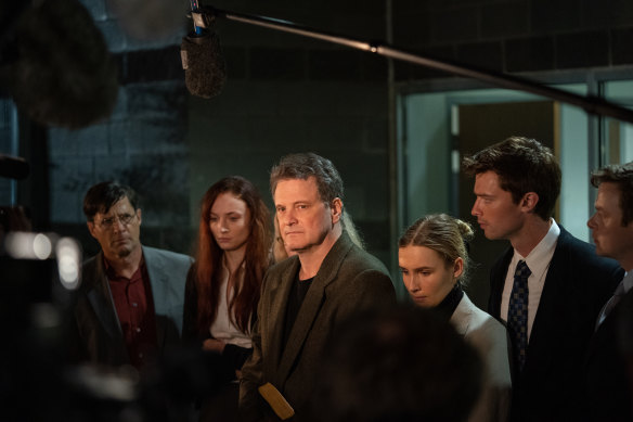 Colin Firth (centre) in The Staircase, an edge-of-seat thriller, which is dropping weekly on Binge.