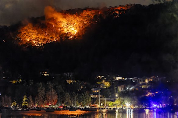 The fire at Koolewong burning into the night over Brisbane Water.