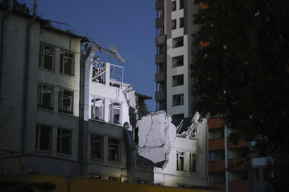 This shows a building damaged by a drone, that was shot down during a Russian overnight strike, in Kyiv on Thursday.