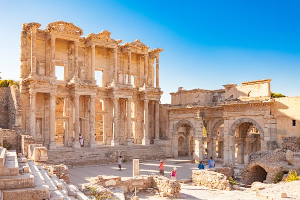 The rebuilt facade of a Roman library that once held 12,000 scrolls.