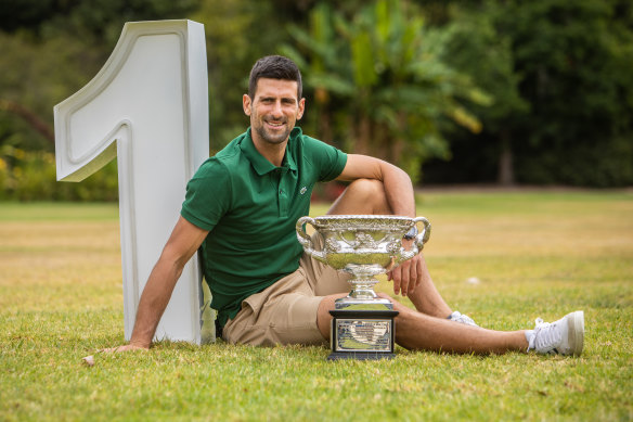 Djokovic poses in Melbourne after winning his 10th Australian Open. 