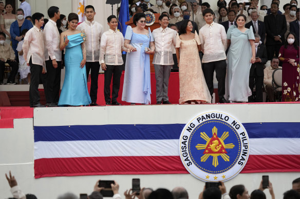 Imelda Marcos, widow of ousted dictator Ferdinand Marcos snr, appeared on stage with her son, the freshly minted President Ferdinand Marcos jnr, after his inauguration.  