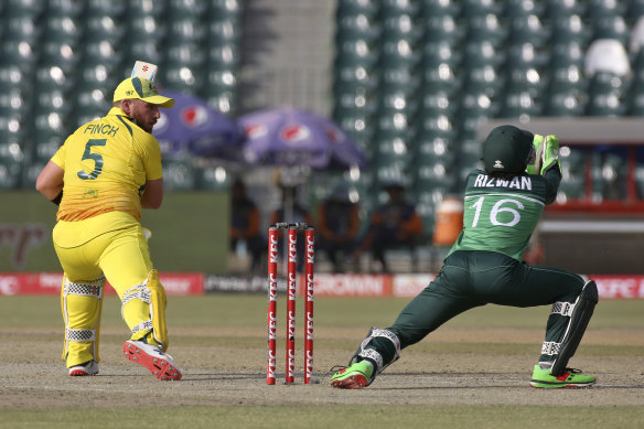 Aaron Finch is caught behind by Pakistan wicketkeeper Mohammad Rizwan in the first ODI.