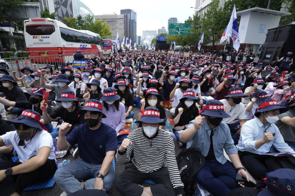 South Korea boasts a robust democracy:  Financial Industry Union members stage a rally against the government’s labor policy this month.