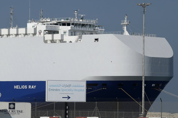 The Israeli-owned cargo ship, Helios Ray, sits docked in Dubai after it was damaged by an unexplained blast at the gulf of Oman.