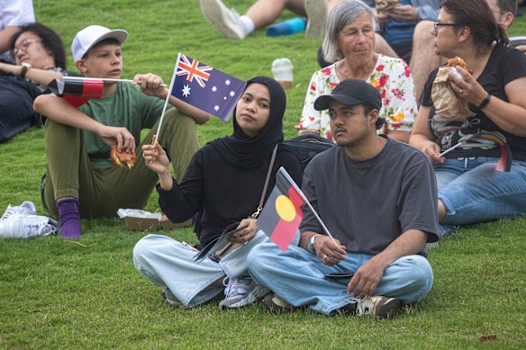 People gather at Barangaroo Reserve today ahead of the WugulOra Morning Ceremony.