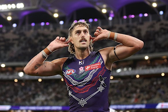 Luke Jackson of the Dockers celebrates a goal.