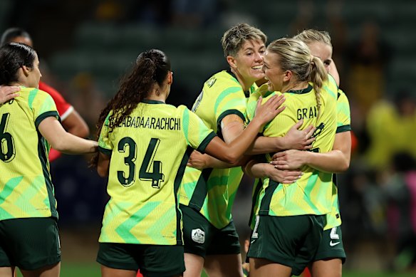 Charlotte Grant of the Matildas celebrates a goal during the International Friendly match between Australia Matildas and Panama at HBF Park on July 08.