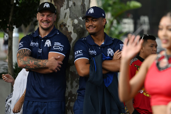 Karl Oloapu and Bulldogs rehab buddy Ryan Sutton were on hand to help the NRL launch its multicultural round on Tuesday.