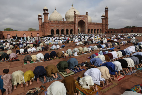 Muslim worshippers during Eid al-Adha prayers at Lahore’s historic Badshahi mosque last year.