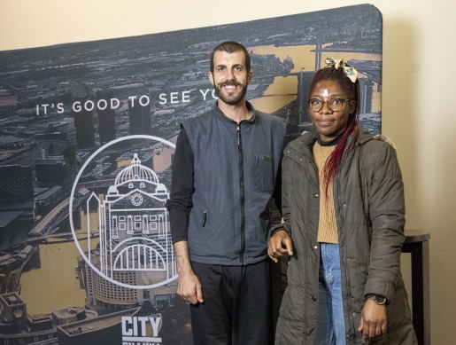 Friends Emilio Viegas and Nneka Nolisa at a City on a Hill Sunday service.