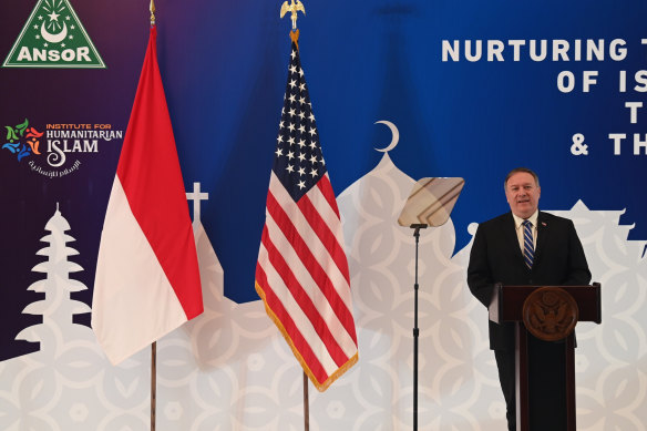US Secretary of State Mike Pompeo delivers his speech at the Nahdlatul Ulama in Jakarta on Thursday. He renewed the Trump administration’s rhetorical onslaught against China as the American presidential election looms. 
