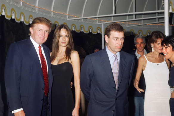Donald Trump, his girlfriend (and future wife) Melania Knauss, Prince Andrew, Jeffrey Epstein and (far right) Ghislaine Maxwell at Trump's Mar-a-Lago estate in 2000.