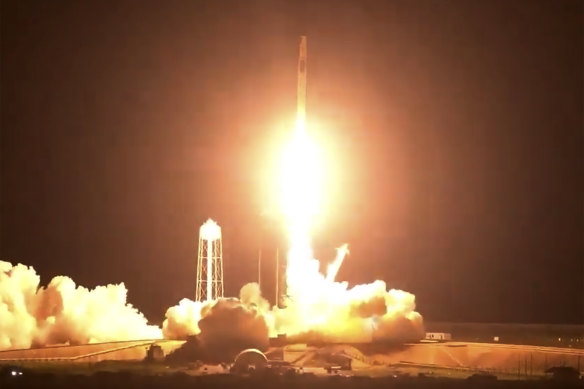 The SpaceX Crew Dragon spacecraft lifts off carrying NASA astronauts Shane Kimbrough and Megan McArthur, European Space Agency astronaut Thomas Pesquet and Japan Aerospace Exploration Agency astronaut Akihiko Hoshide.