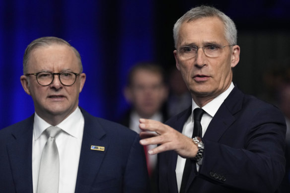 Prime Minister Anthony Albanese with NATO Secretary General Jens Stoltenberg in Vilnius, Lithuania, last Wednesday,