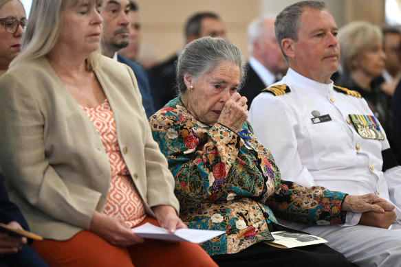 Hayden’s wife of 63 years, Dallas (centre), and one of their four children, Georgina (left), at his funeral on Friday.