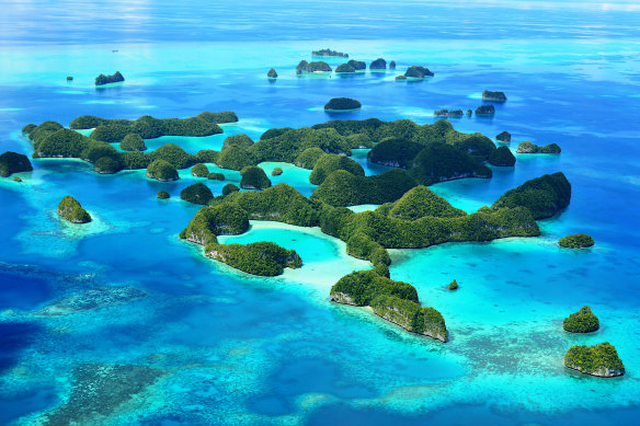 The lagoon-rimmed Seventy Islands are part of the UNESCO heritage-listed Rock Islands, Palau.