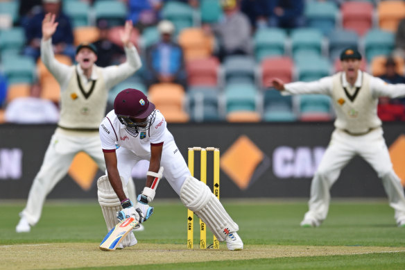 Last time: Kraigg Brathwaite is given out LBW in Hobart in 2015.