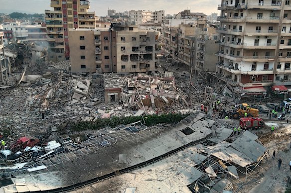Rescuers work at the site of an Israeli airstrike in Tyre, Lebanon.