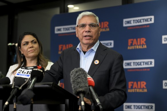 Leading No campaigner Warren Mundine, pictured with Liberal senator Jacinta Nampijinpa Price, has a deep distrust of the agencies and institutions that are supposed to protect and support Indigenous Australians.