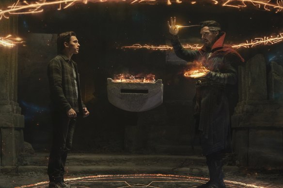 Tom Holland and Benedict Cumberbatch as Doctor Strange, Master of the Mystic Arts.