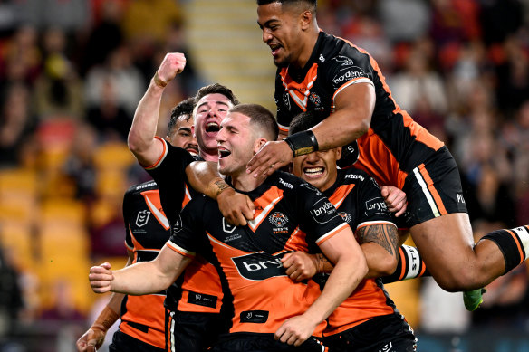 Adam Doueihi celebrates a try and a huge upset victory over Brisbane last weekend.