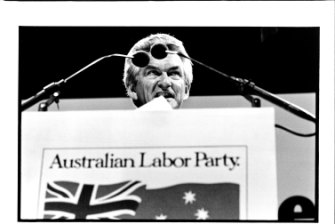 Bob Hawke delivers his election policy speech at Sydney Opera House. February 16, 1983. 