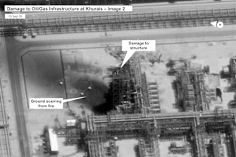 Damage to infrastructure at Saudi Aramco's Kuirais oil field in Buqyaq, Saudi Arabia. 