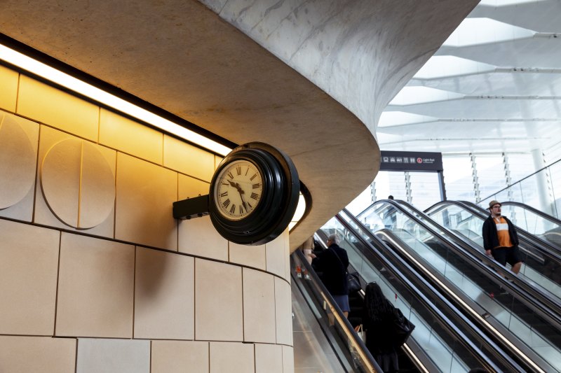 Connecting past and present: with no clocks on the new Metro station platforms, the Clock Wall at Central Station, designed by Woods Bagot, aims to link the new station with the historical building.