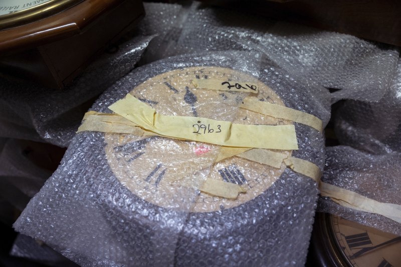 Preserving time: a bubble-wrapped clock in Central’s underground room.