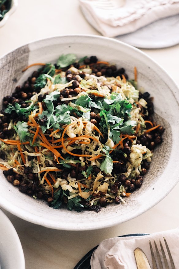 Cook more of the Vegemite chickpeas than you need to top the slaw so you have extra for snacking.