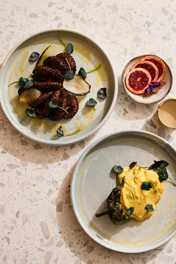 Pulpo escondido (grilled octopus on chintextle paste with huitlacoche and tostada, left) and chile relleno (poblano chilli stuffed with shiitake picadillo over mole verde, right).