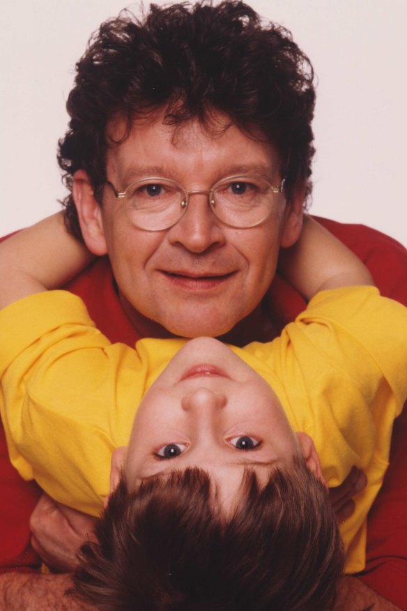 With Samuel at a Father’s Day shoot in 1995: “All credit goes to Samuel for staging the scenario. He had an adorable smartness about him,” says Symons.