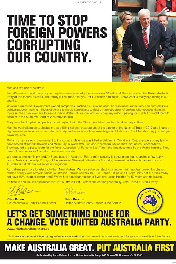 Um anúncio de jornal do United Australia Party de maio de 2019.