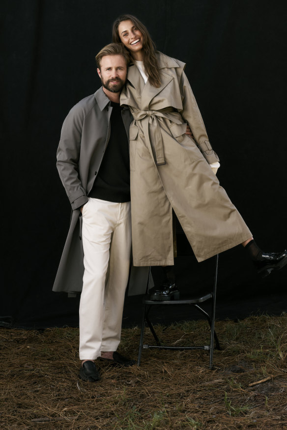 Tom: Venroy trench coat, $350, 
and trousers, $180. Jac + Jack “Foley” lambswool sweater, 
$450. His own shoes. 
Dominique: Venroy trench coat, $340. Jac + Jack “Quad” 
long-sleeve tee, $160.      
Senso “Cooper II”  loafers, $259. Her own socks.