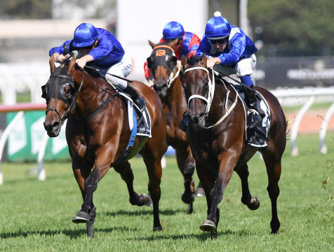 Winx (right) goes past Happy Clapper (left) in last year's George Ryder Stakes.