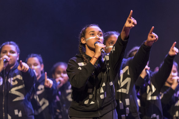 Young Indigenous women from the Gondwana Choirs perform in Spinifex Gum at the Sydney Festival.