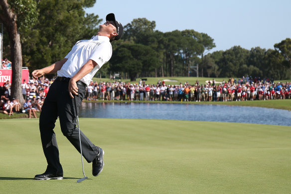 Australia's Matt Jones reacts after sinking the putt to win the 2015 Australian Open.