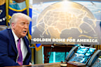 Donald Trump in the Oval Office with an artist’s rendition of his missile-defence “golden dome”.