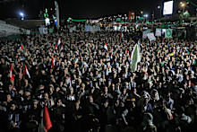 Supporters of Yemen’s Houthi rebels gather during a rally organised to celebrate the group’s capture of Mayun Island in the strategic Bab el-Mandeb Strait, in Houthi-controlled Sanaa, Yemen.