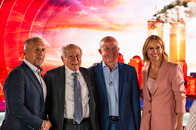 John Howard reunited with Mark Jessop, left, Nigel Blunden, second from right to discuss their shared memories of the September 11 attacks.