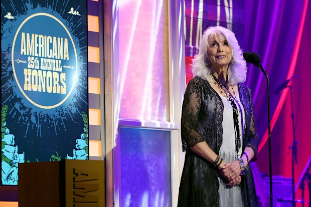Emmylou Harris speaks onstage during the 25th Annual Americana Honors & Awards at Ryman Auditorium on September 16, 2026 in Nashville, Tennessee