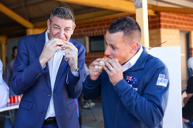 Liberal Leader Basil Zempilas and Ryan Robertson Liberal Candidate at Singleton Primary School polling booth