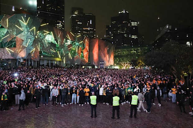 Fan at Federation square to watch Australia take on the United States at Lumen Field in Seattle for their second World Cup match of 20th of June 2026, The Age news Picture by JOE ARMAO