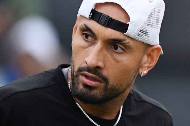 Nick Kyrgios in action in his comeback match against Corentin Moutet in Stuttgart.