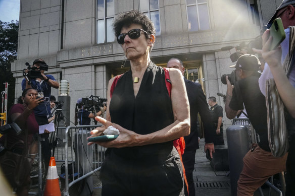 Barbara Fried leaves Manhattan federal court after her son had his bail revoked for witness tampering.
