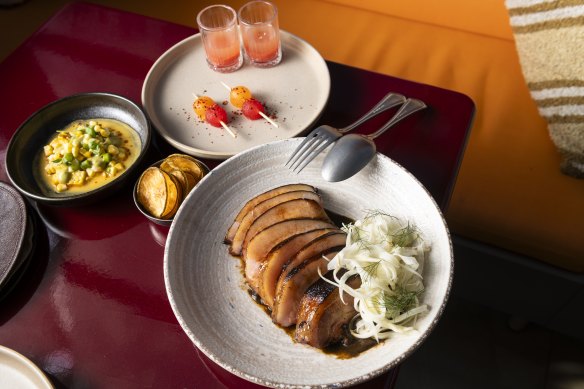 The sweetcorn leche de tigre, rockmelon and watermelon brocheta and pork jowl at Lottie.