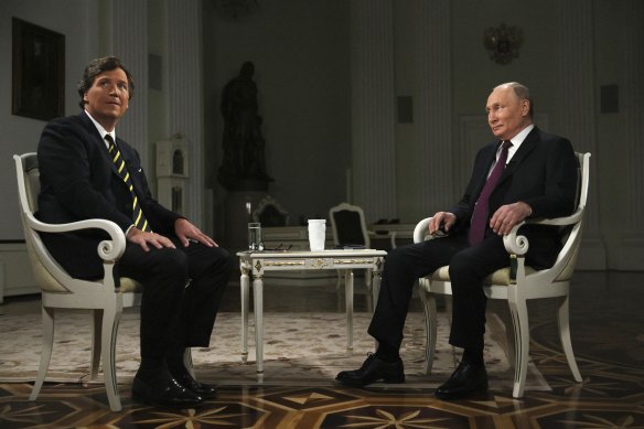 Russian President Vladimir Putin, right, and former Fox News host Tucker Carlson in Moscow, Russia.